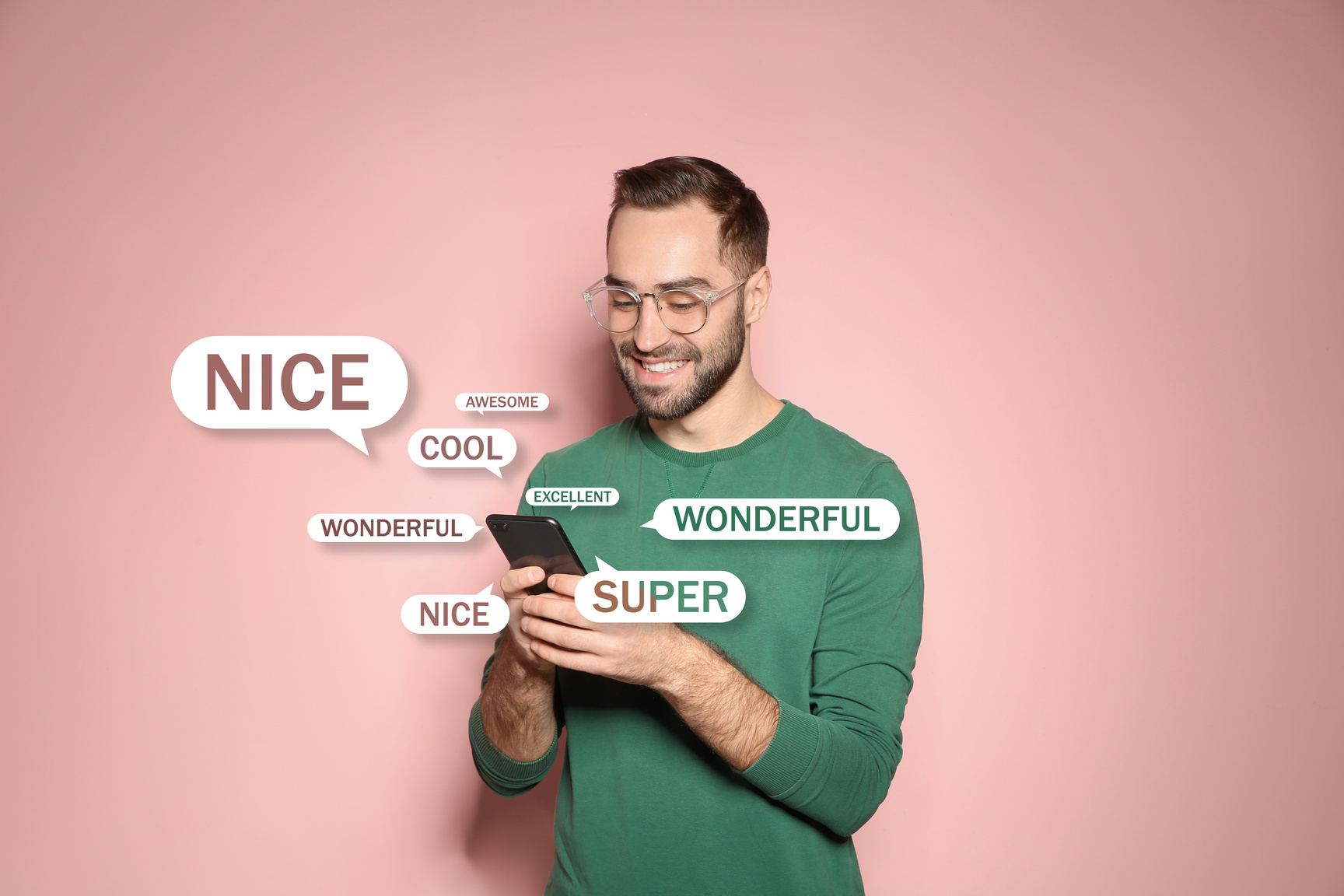 Man Using Smartphone to Give Feedback on Color Background. Customer Review